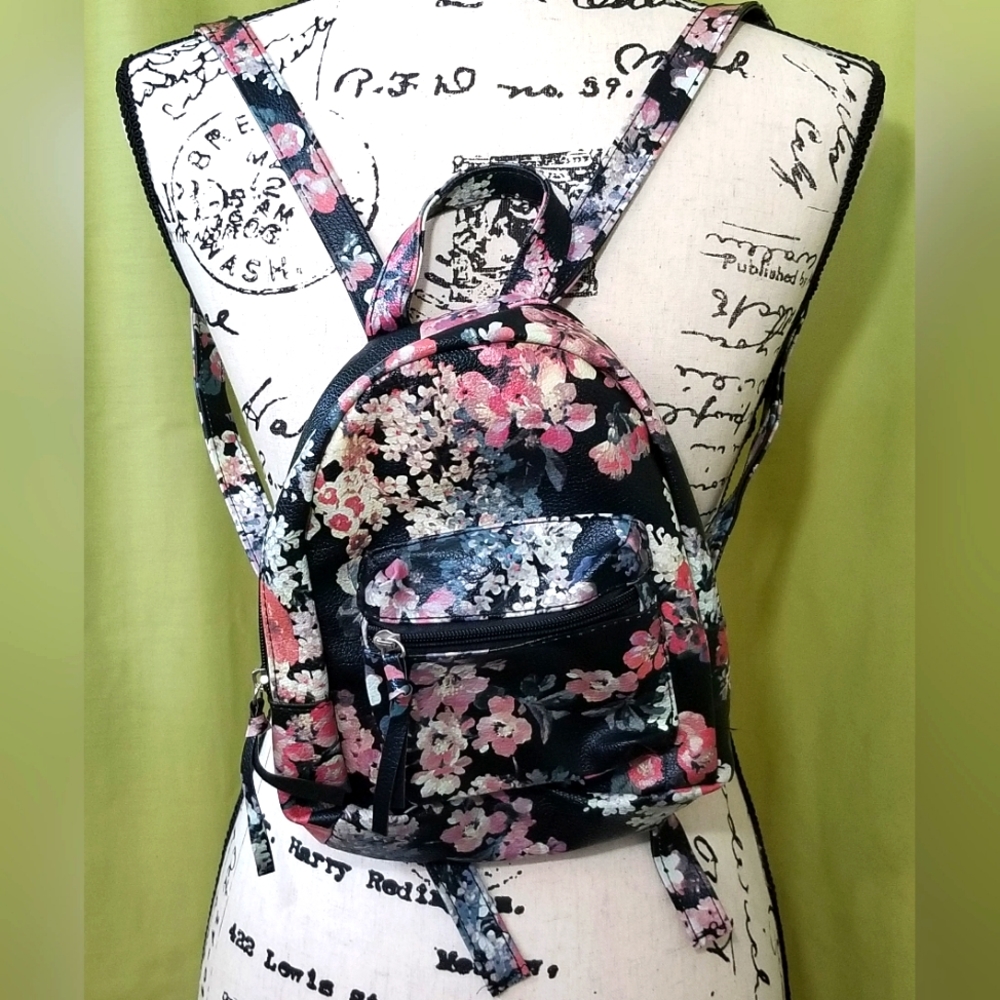 Mini Backpack Faux Leather Black with Floral Print